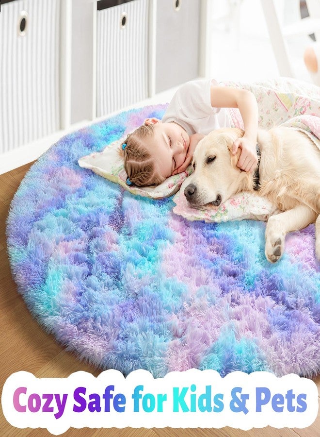 Amdrebio Purple Rainbow Round Rug 4Ft for Bedroom Girls Room Decor, Mermaid Stitch Frozen Kids Rugs for Playroom Nursery Dorm, Fluffy Furry Cute Shag Carpet, Kawaii Circle Area Rugs for Baby Toddler - Image 2